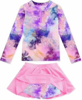 Girls Rash Guard Set Two Pieces Printed Zipper Swimsuit Skirt with Shorts 3-12T