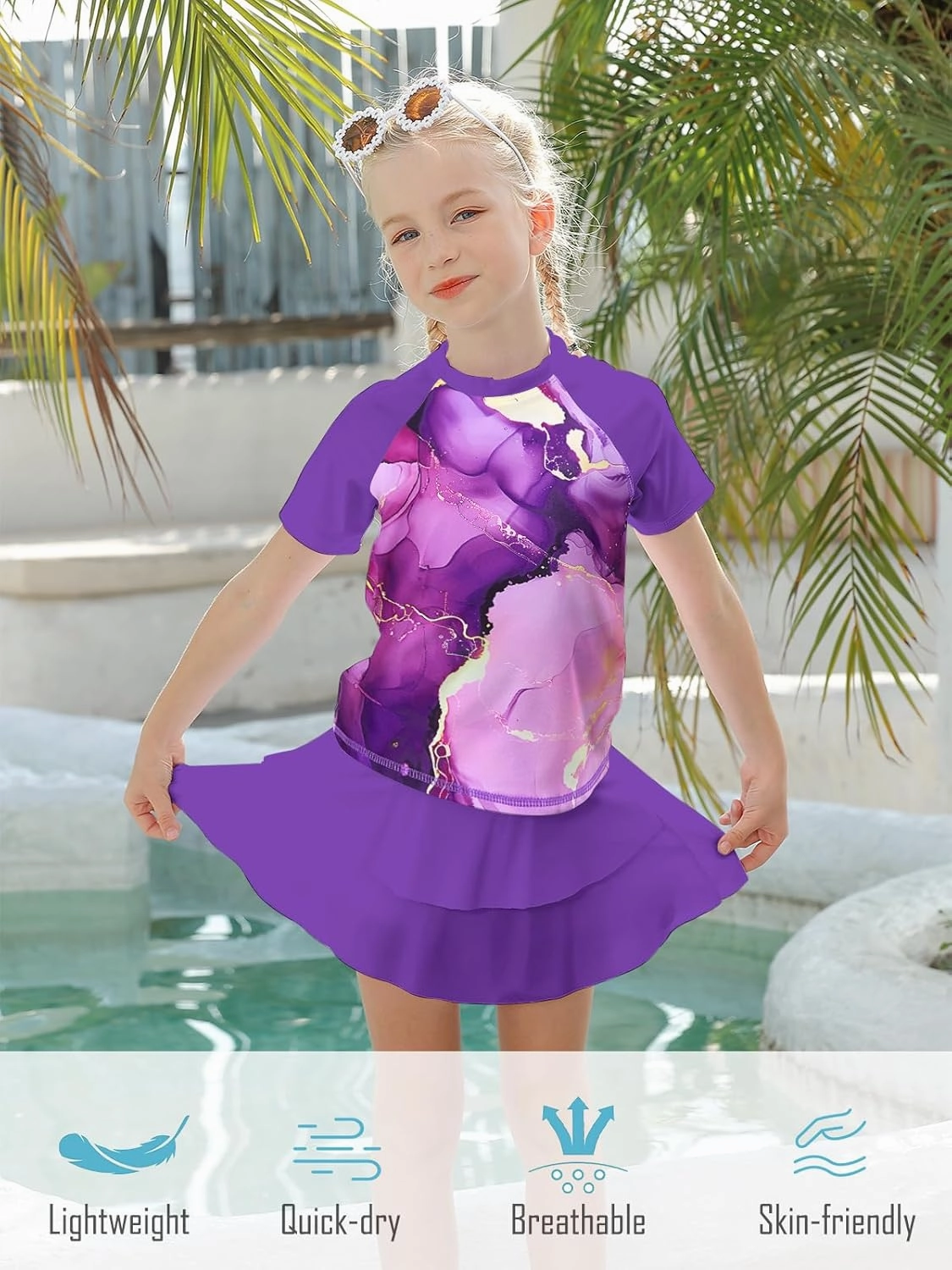 Girls Rash Guard Swimsuit 2 Piece Short Sleeve Bathing Suit Size 6-11
