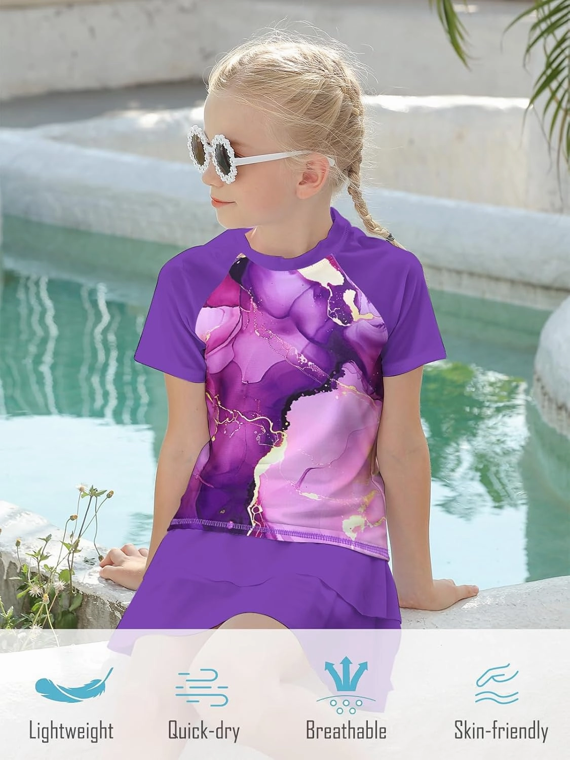 Girls Rash Guard Swimsuit 2 Piece Short Sleeve Bathing Suit Size 6-11