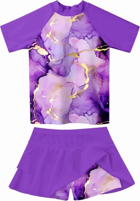 Girls Rash Guard Swimsuit 2 Piece Short Sleeve Bathing Suit Size 6-11