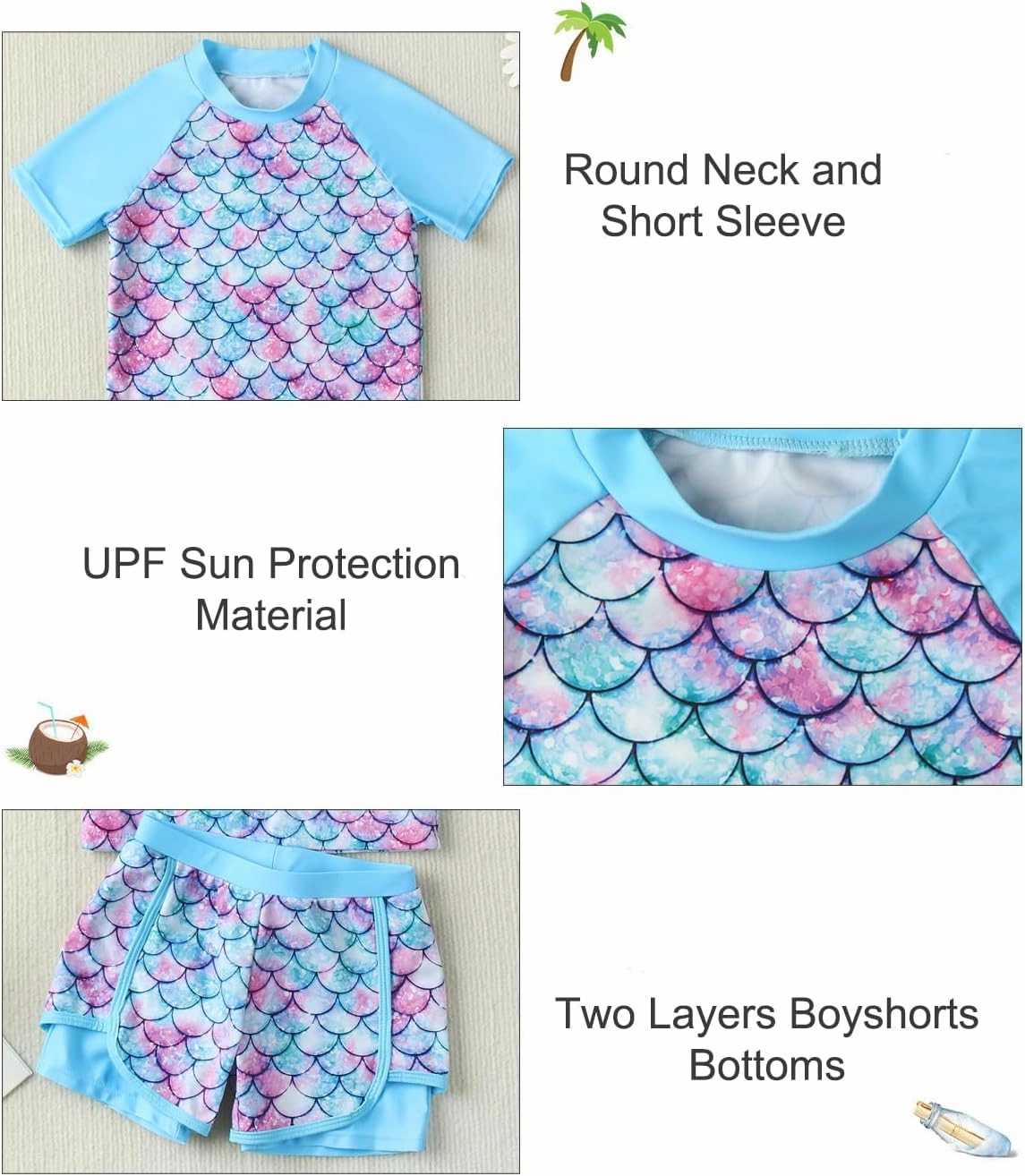 Girls Rash Guard Swimsuit Set 2 Piece Short Sleeve Bathing Suit Beach Swimwear UPF 50  Sun Proction 3-12 Years
