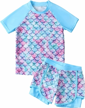 Girls Rash Guard Swimsuit Set 2 Piece Short Sleeve Bathing Suit Beach Swimwear UPF 50  Sun Proction 3-12 Years