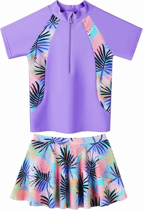 Girls Rash Guard Swimsuits Set 2 Pcs Bathing Suit UPF50  Short Sleeve Kids Beach Swimming Skirts with Shorts Swimwear 3-12Y