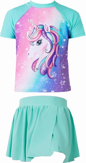 Girls Rashguard Set Flowy Skirt with Butterfly Short Print Short Sleeve Shirt Non-See Through Swimsuit 3-12 Years