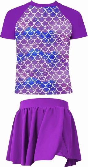 Girls Rashguard Set Flowy Skirt with Butterfly Short Print Short Sleeve Shirt Non-See Through Swimsuit 3-12 Years