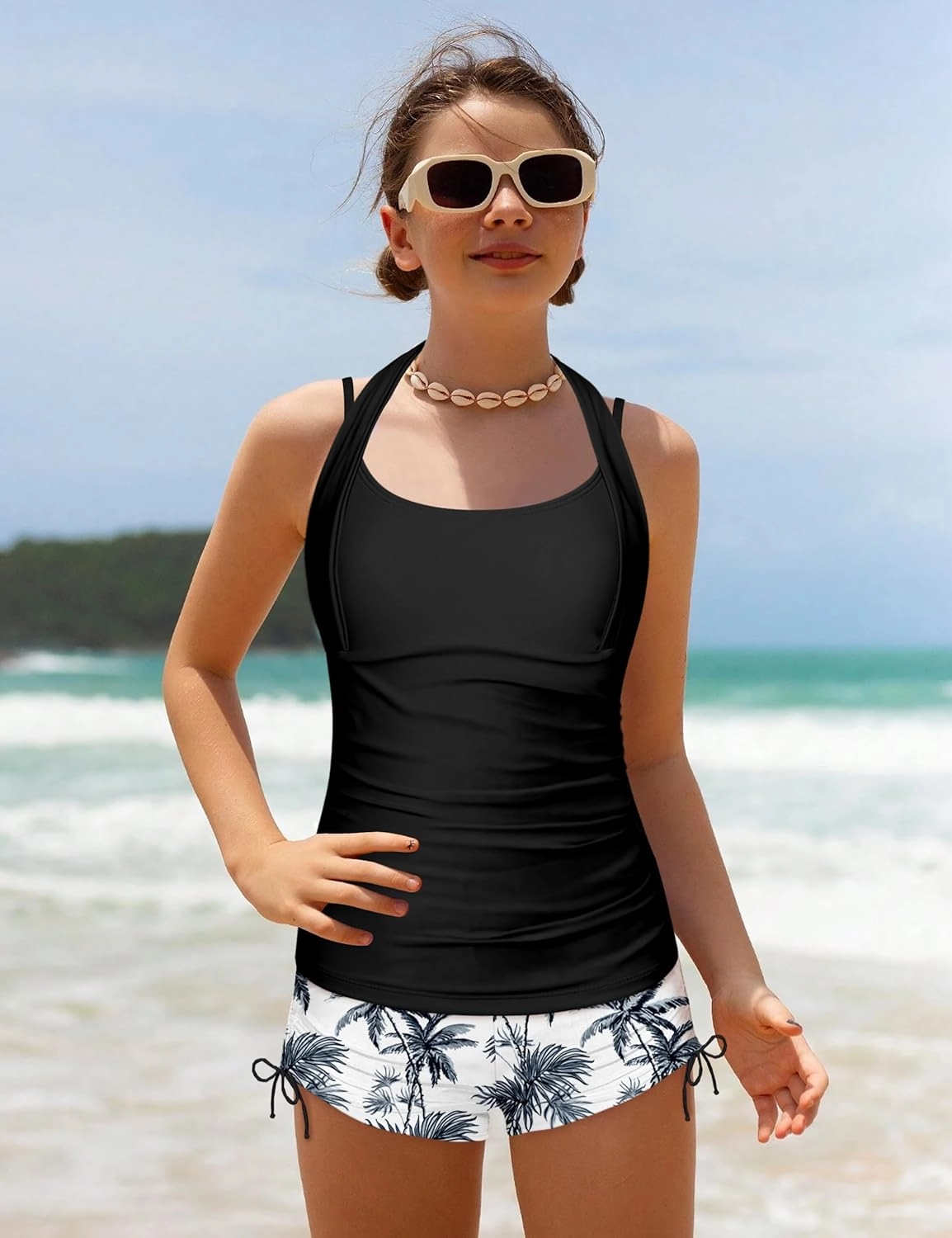 Girls Swimsuit 2 Piece Halterneck Girls Tankini Swimsuit Drawstring Printed Swim Shorts Girl Bathing Suit for 7-16T