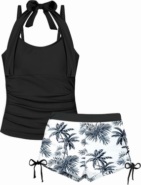 Girls Swimsuit 2 Piece Halterneck Girls Tankini Swimsuit Drawstring Printed Swim Shorts Girl Bathing Suit for 7-16T