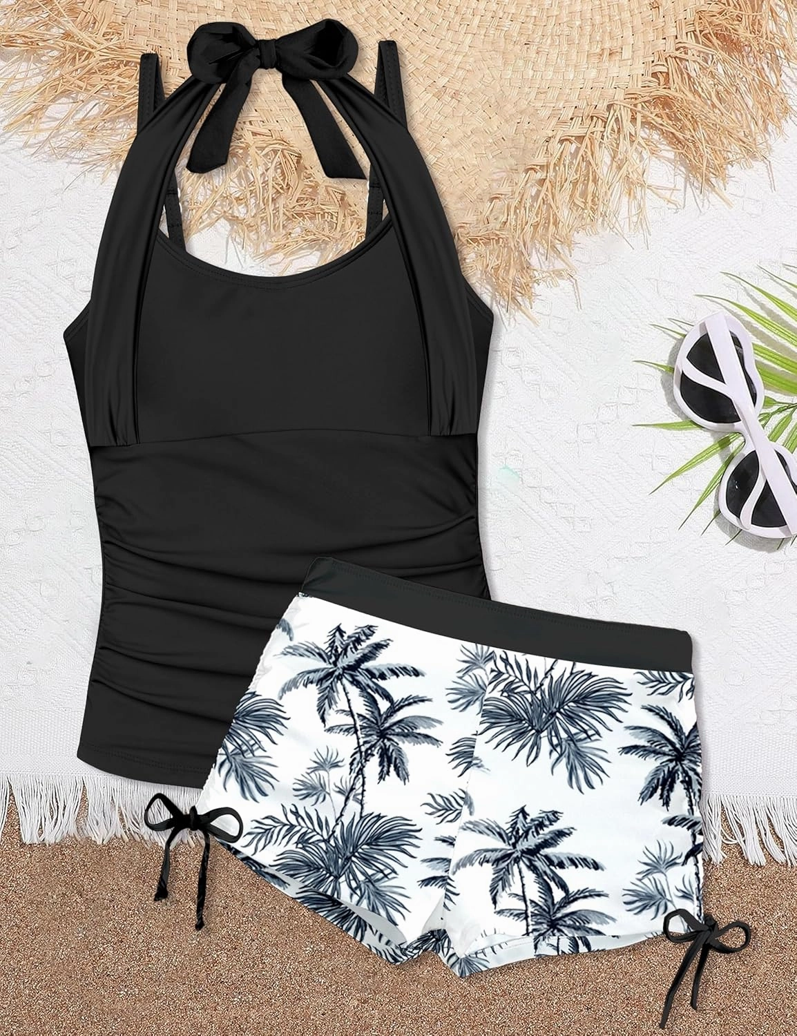 Girls Swimsuit 2 Piece Halterneck Girls Tankini Swimsuit Drawstring Printed Swim Shorts Girl Bathing Suit for 7-16T