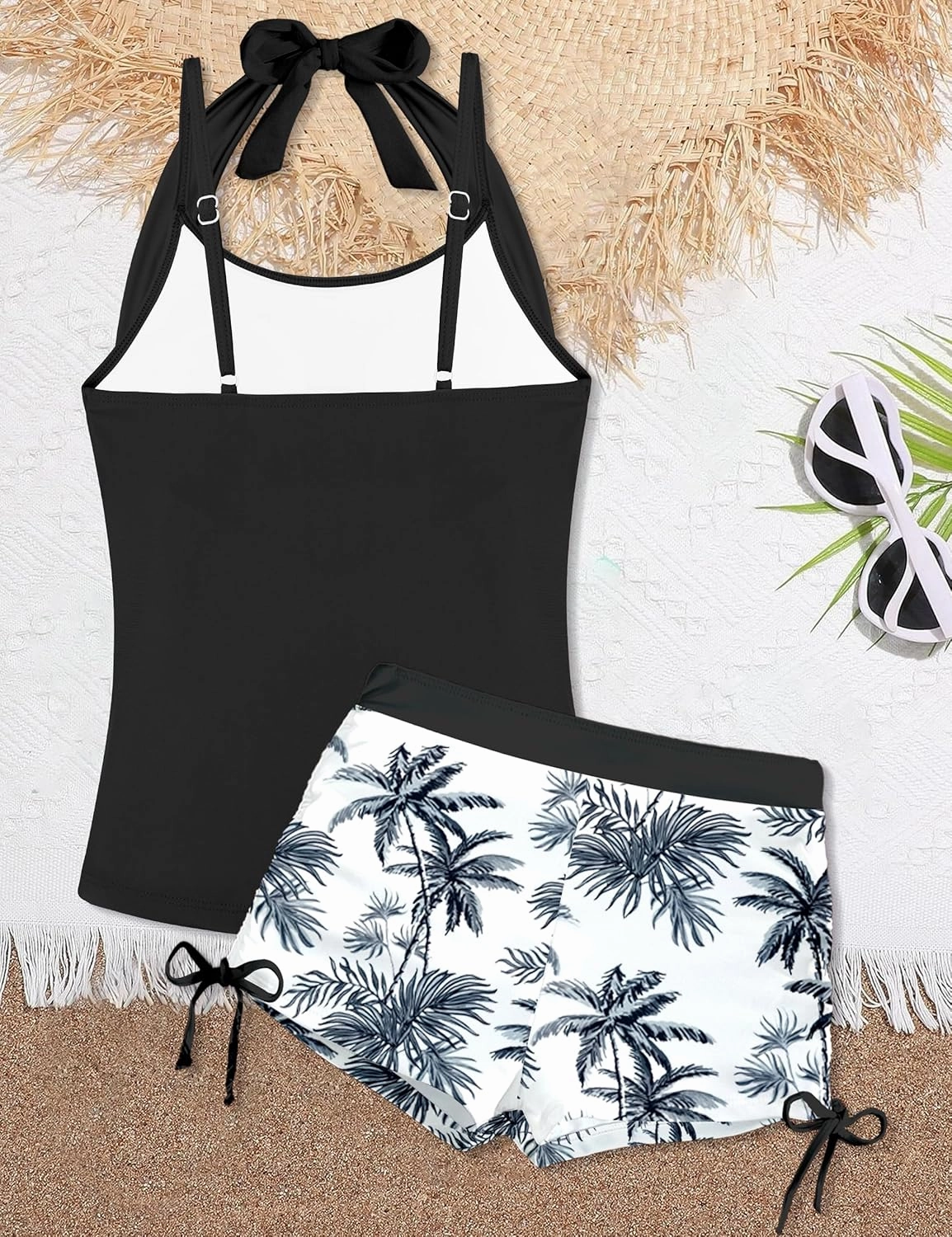 Girls Swimsuit 2 Piece Halterneck Girls Tankini Swimsuit Drawstring Printed Swim Shorts Girl Bathing Suit for 7-16T