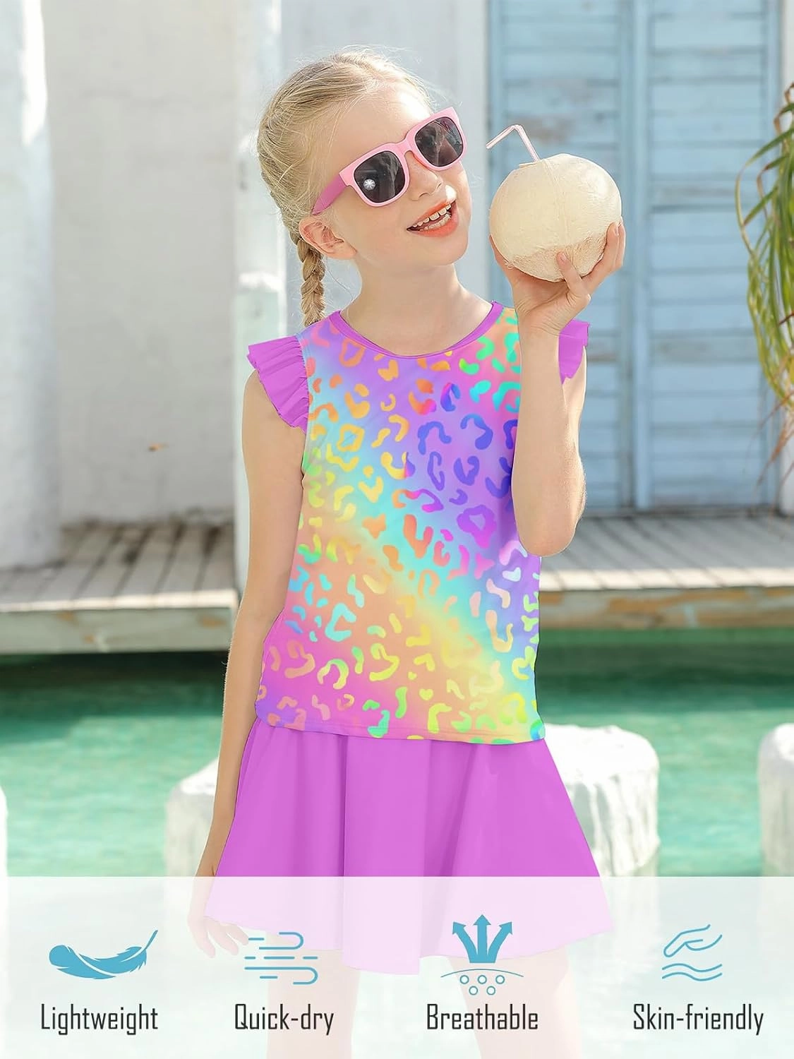Girls Swimsuit 2 Piece Ruffle Bathing Suit UPF 50  Tankini Swimsuit Skirt with Lining Size 3-10