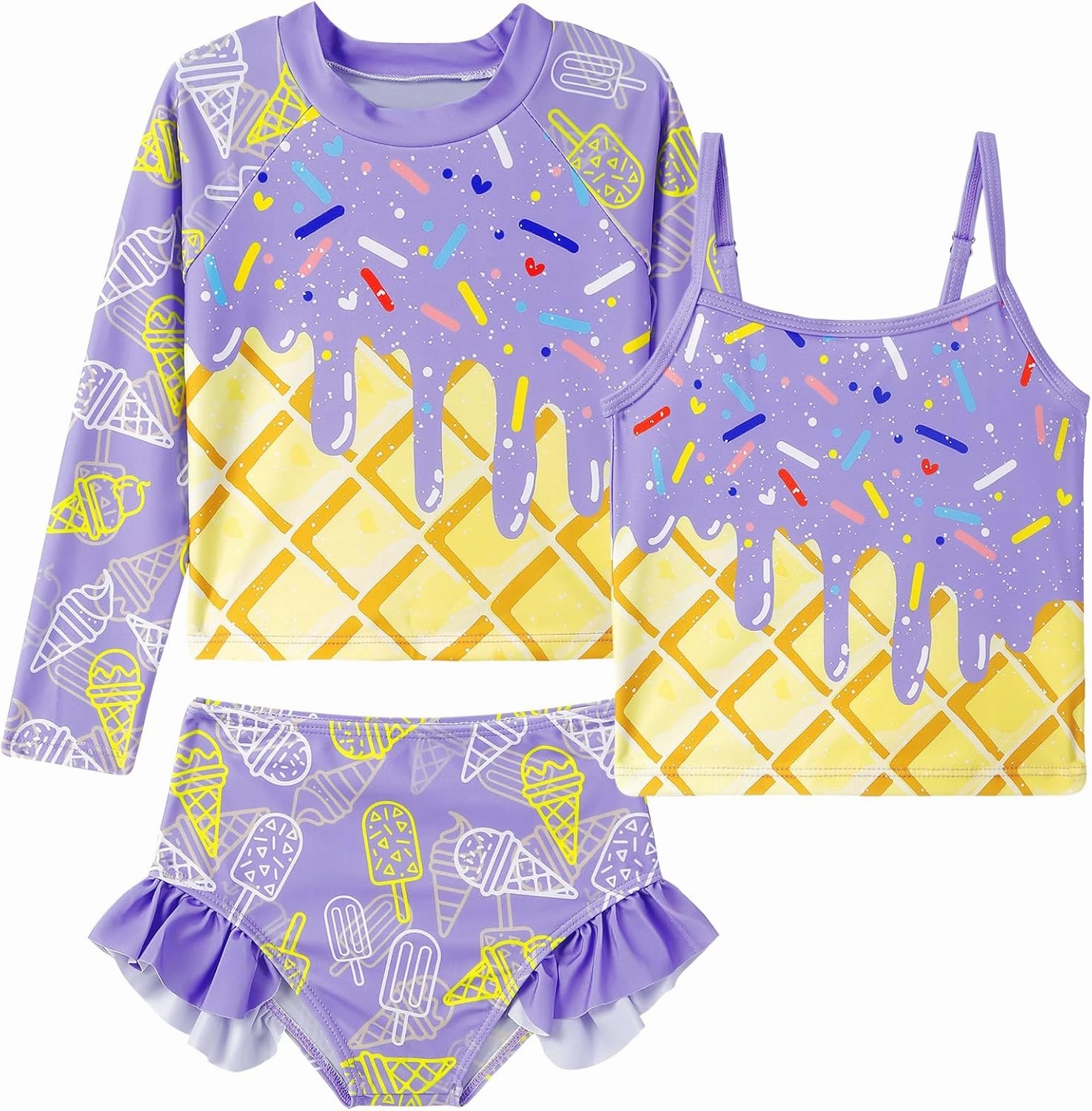 Girls Swimsuit 3 Piece Bathing Suit for 3-10 Years Kids Rash Guard Set Long Sleeve Tankini Swimwear