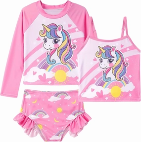 Girls Swimsuit 3 Piece Bathing Suit for 3-10 Years Kids Rash Guard Set Long Sleeve Tankini Swimwear