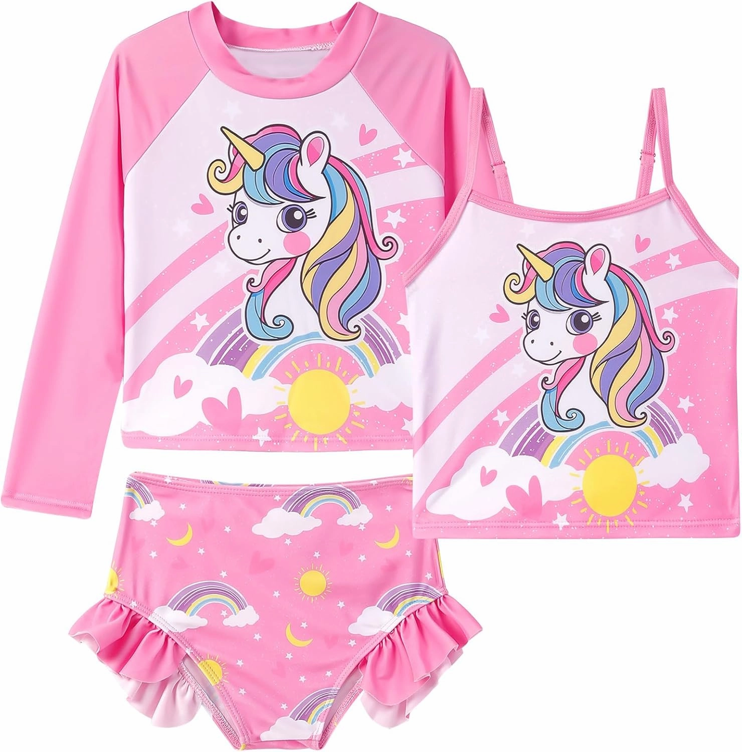 Girls Swimsuit 3 Piece Bathing Suit for 3-10 Years Kids Rash Guard Set Long Sleeve Tankini Swimwear