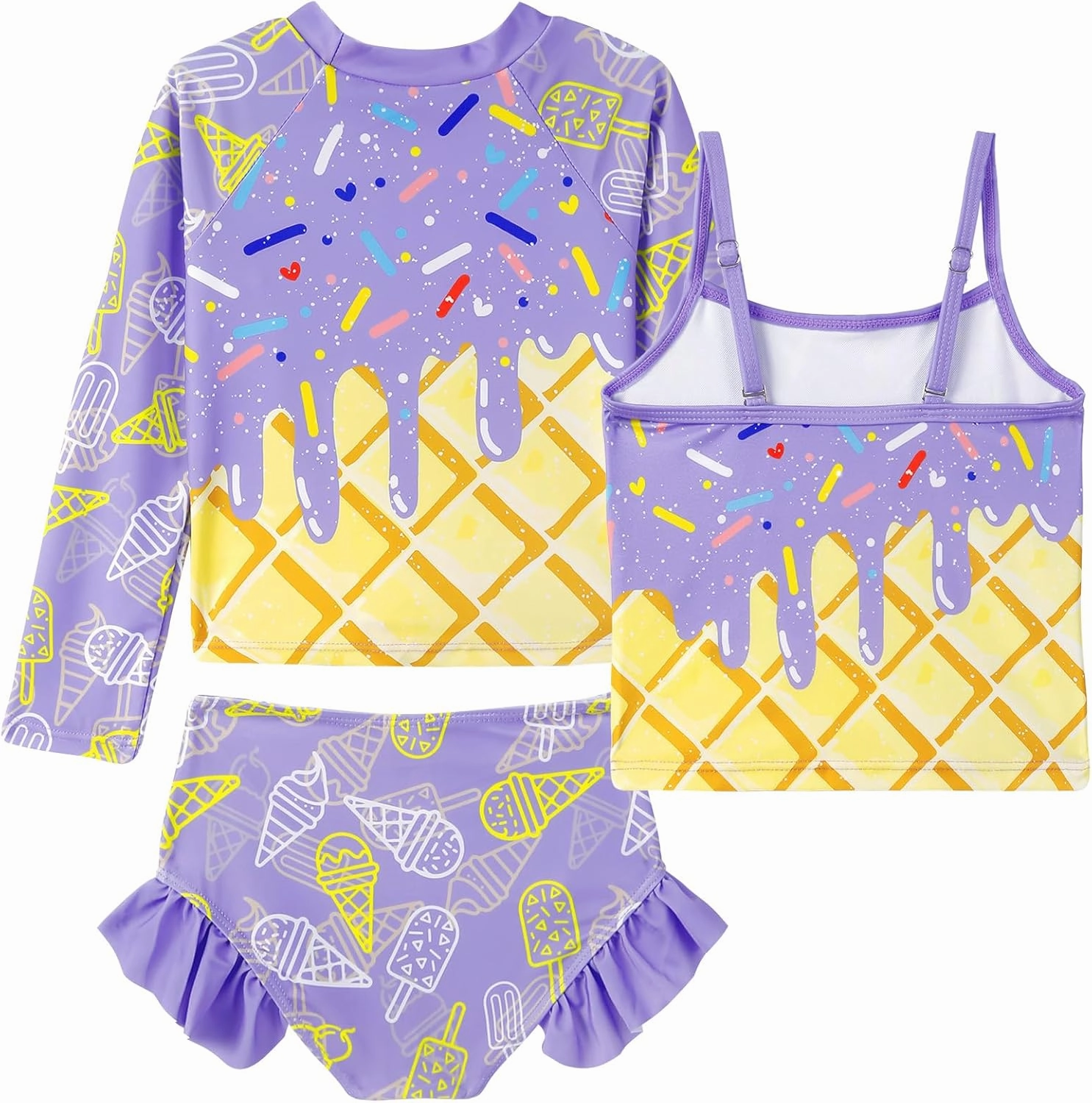 Girls Swimsuit 3 Piece Bathing Suit for 3-10 Years Kids Rash Guard Set Long Sleeve Tankini Swimwear