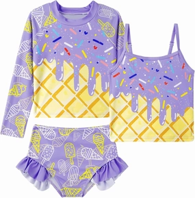 Girls Swimsuit 3 Piece Bathing Suit for 3-10 Years Kids Rash Guard Set Long Sleeve Tankini Swimwear