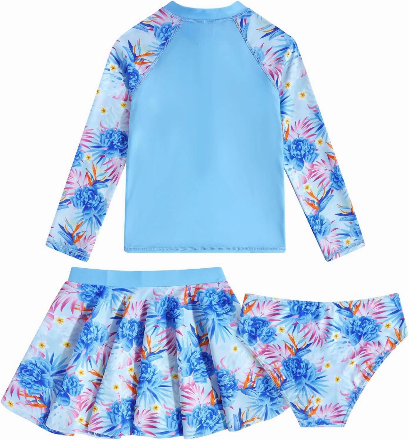 Girls Swimsuit 3-Piece Zipper Rash Guard UPF 50  Long Sleeve Skirt Set Bathing Suit Size 6-12 Years
