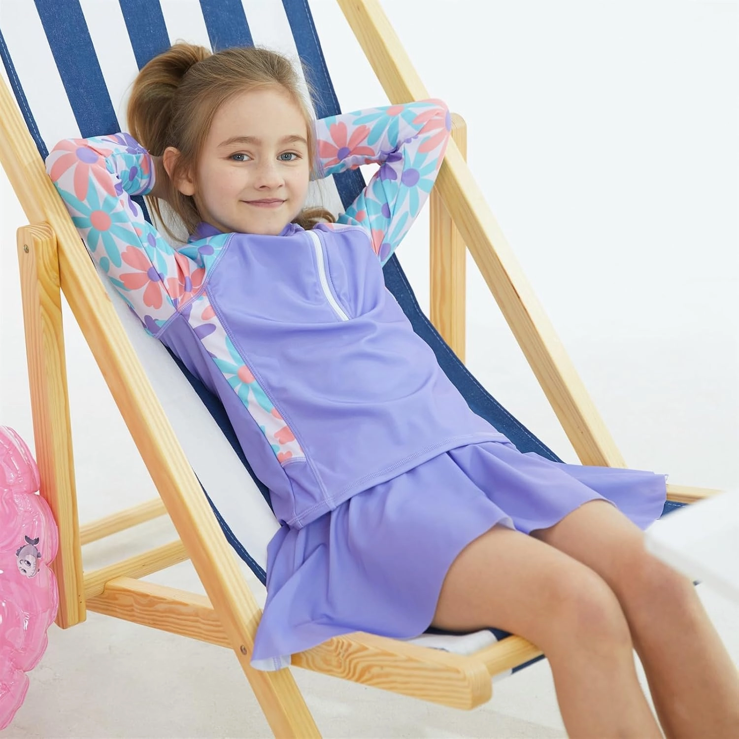 Girls Swimsuit 3-Piece Zipper Rash Guard UPF 50  Long Sleeve Skirt Set Bathing Suit Size 6-12 Years