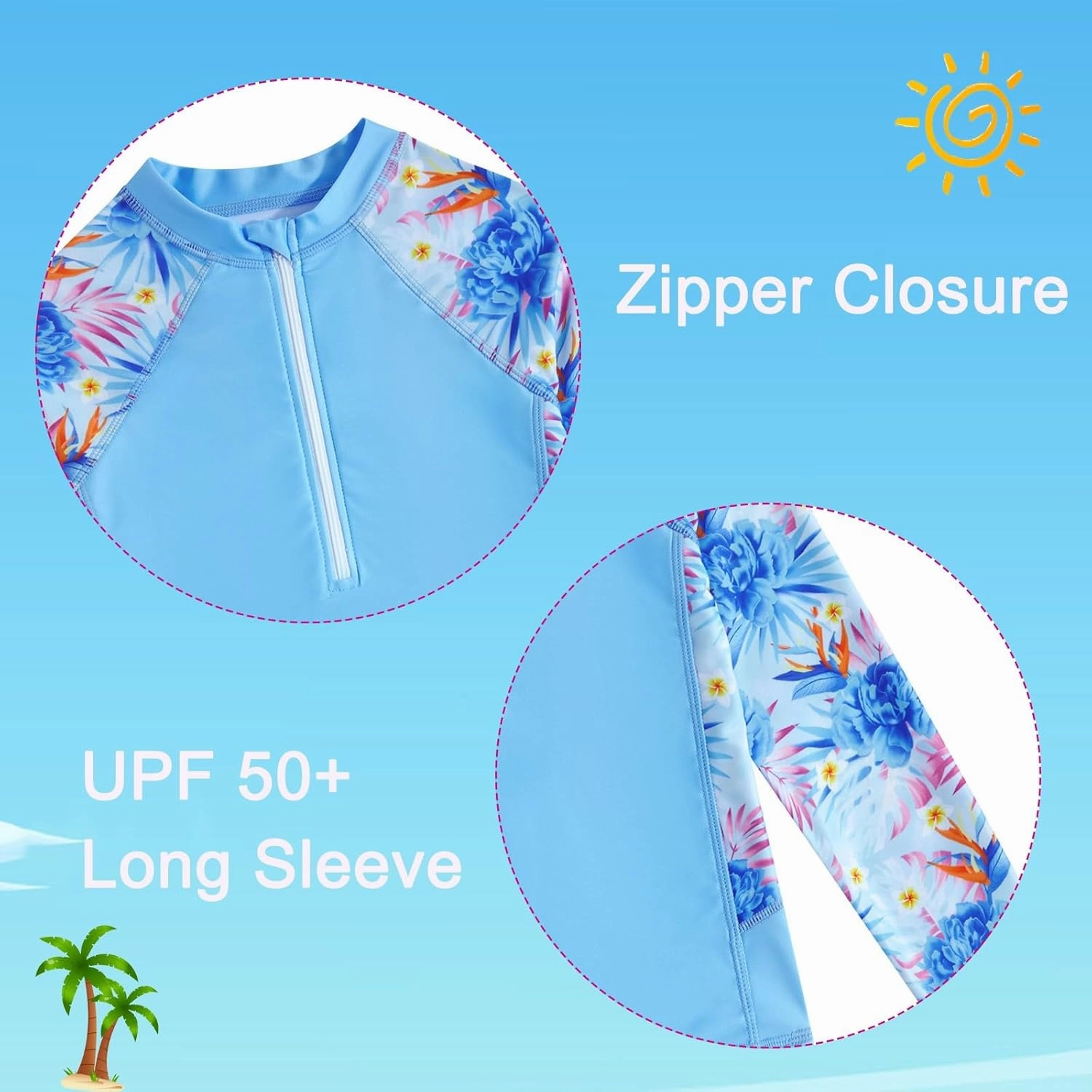 Girls Swimsuit 3-Piece Zipper Rash Guard UPF 50  Long Sleeve Skirt Set Bathing Suit Size 6-12 Years