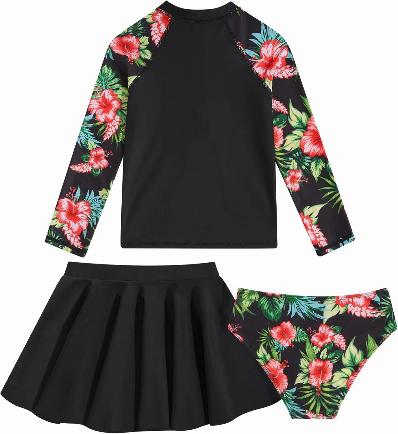 Girls Swimsuit 3-Piece Zipper Rash Guard UPF 50  Long Sleeve Skirt Set Bathing Suit Size 6-12 Years