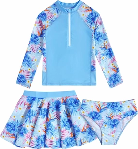 Girls Swimsuit 3-Piece Zipper Rash Guard UPF 50  Long Sleeve Skirt Set Bathing Suit Size 6-12 Years