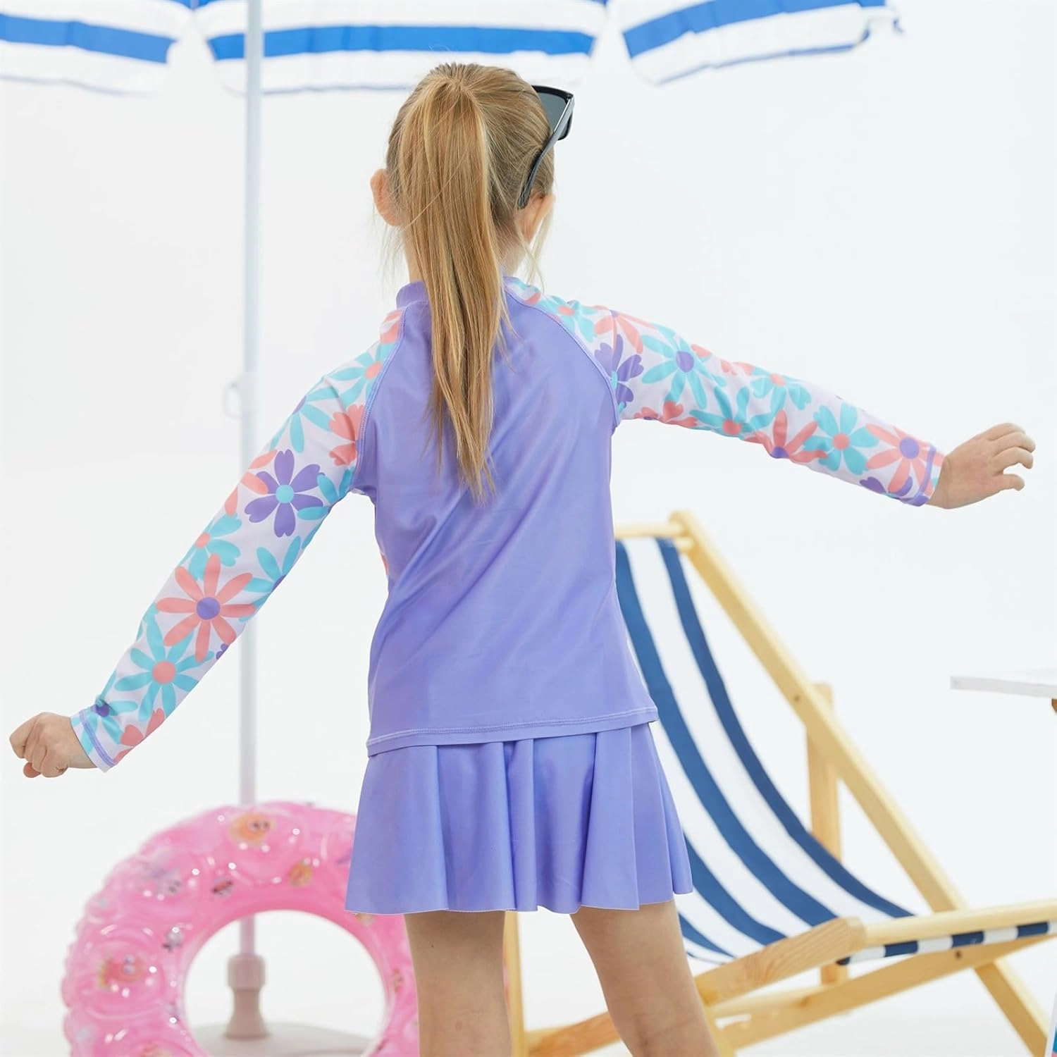 Girls Swimsuit 3-Piece Zipper Rash Guard UPF 50  Long Sleeve Skirt Set Bathing Suit Size 6-12 Years