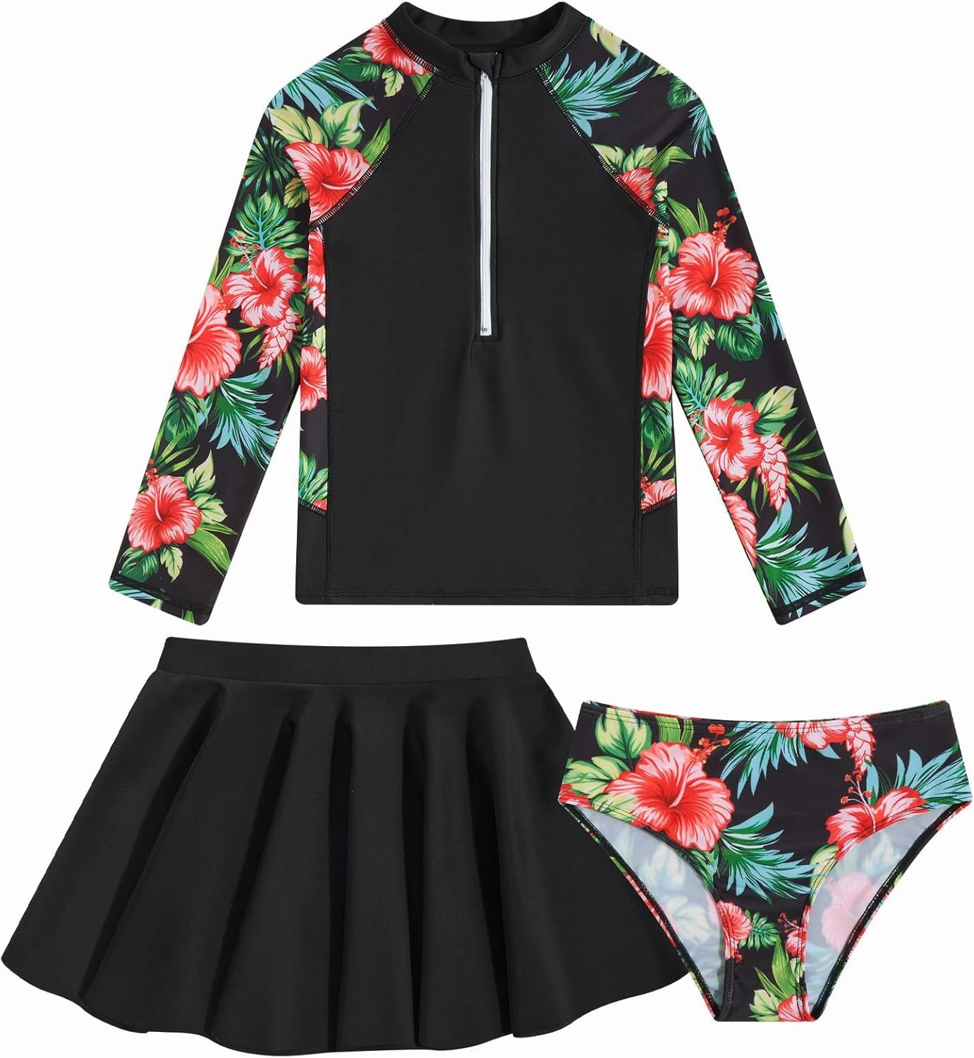 Girls Swimsuit 3-Piece Zipper Rash Guard UPF 50  Long Sleeve Skirt Set Bathing Suit Size 6-12 Years