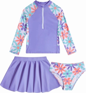 Girls Swimsuit 3-Piece Zipper Rash Guard UPF 50  Long Sleeve Skirt Set Bathing Suit Size 6-12 Years