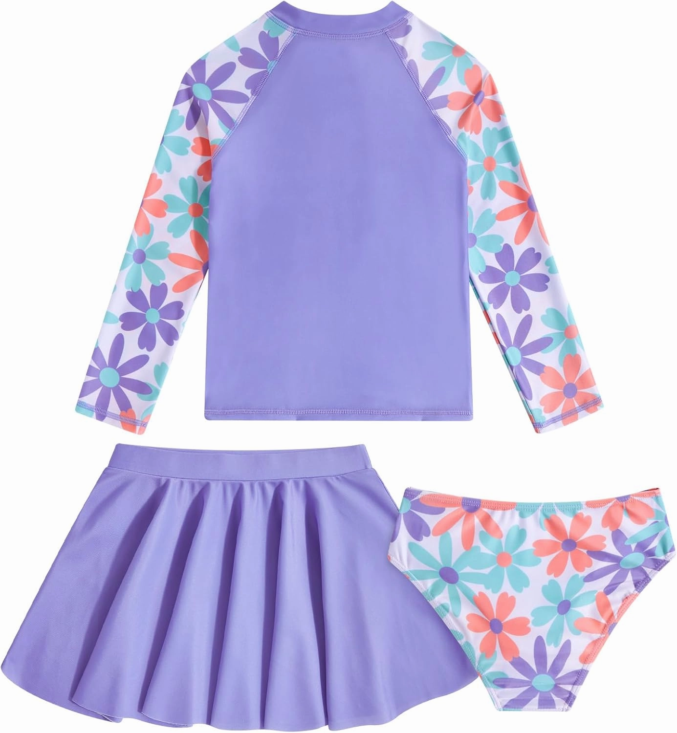 Girls Swimsuit 3-Piece Zipper Rash Guard UPF 50  Long Sleeve Skirt Set Bathing Suit Size 6-12 Years