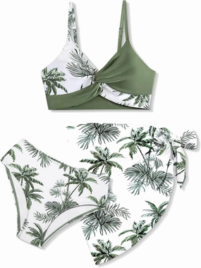 Girls Swimsuit, Bathing Suits 3 Piece Tropical Floral Twist Cross Bikini Sets Girls' Swimwear with Cover Up Skirt 7-16T
