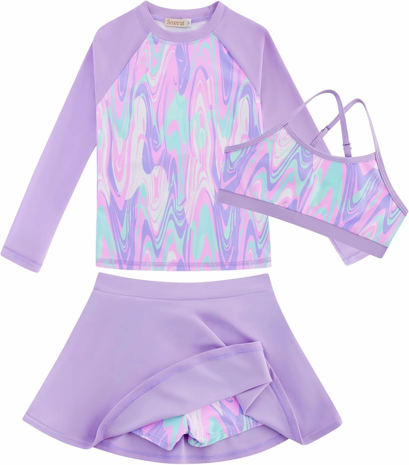 Girls Swimsuit Long Sleeve Swim Shirt 3 Piece Rash Guard for Girls Bathing Suit with Boyshorts