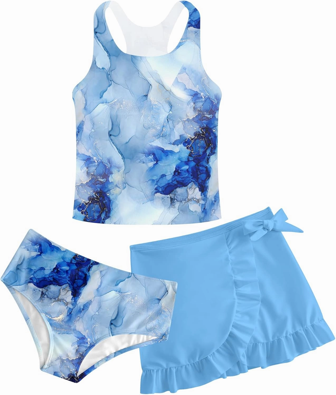 Girls Swimsuits 3 Piece Tankini Bathing Suit Set Cute Bikini Swimwear with Cover Ups Beach Skirt 5-12 Years