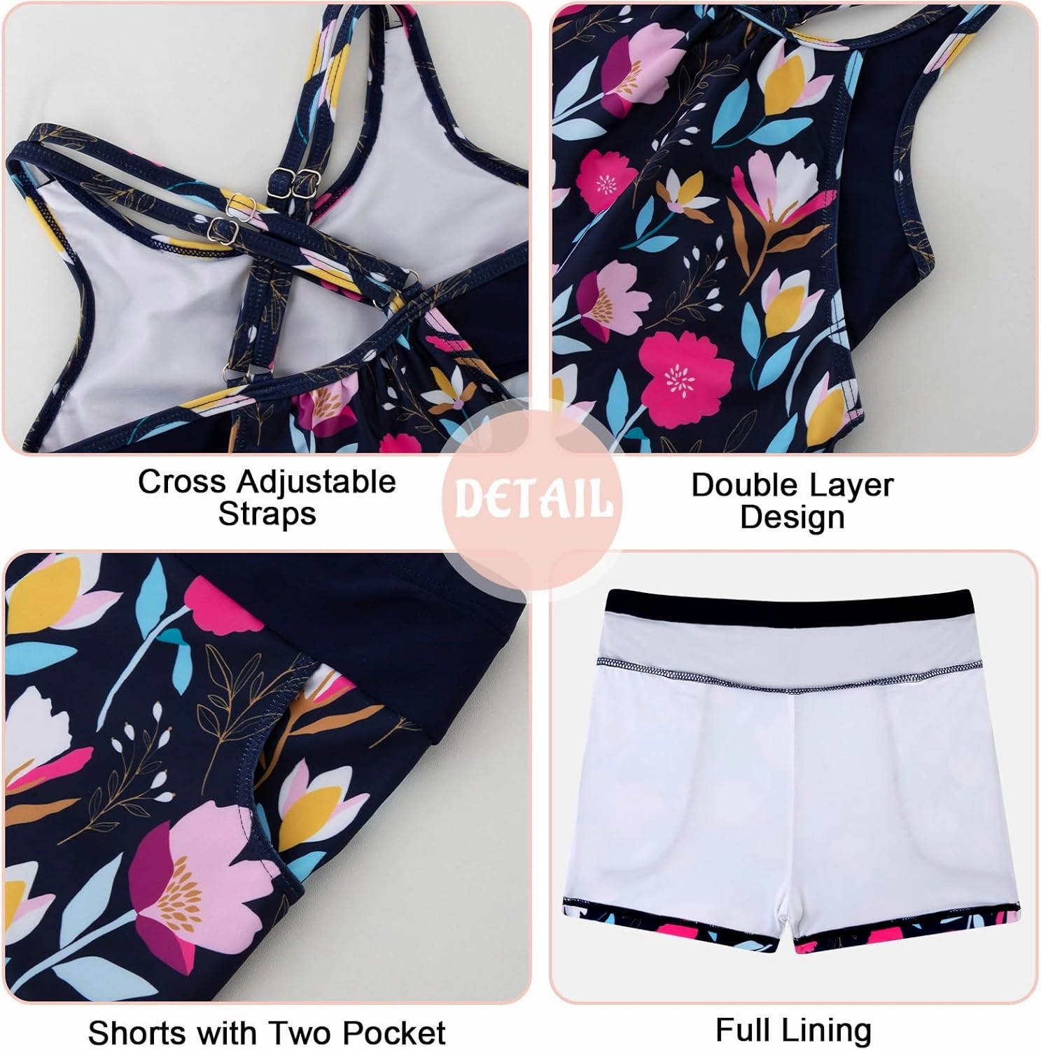 Girls Tankini Swimsuit Cross Straps Back Two Piece Bathing Suits with Pockets Shorts Swimwear Set 5-14 Years