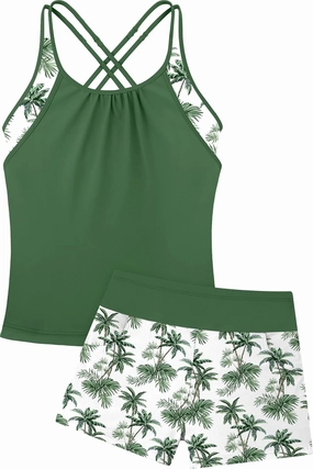 Girls Tankini Swimsuit Cross Straps Back Two Piece Bathing Suits with Pockets Shorts Swimwear Set 5-14 Years