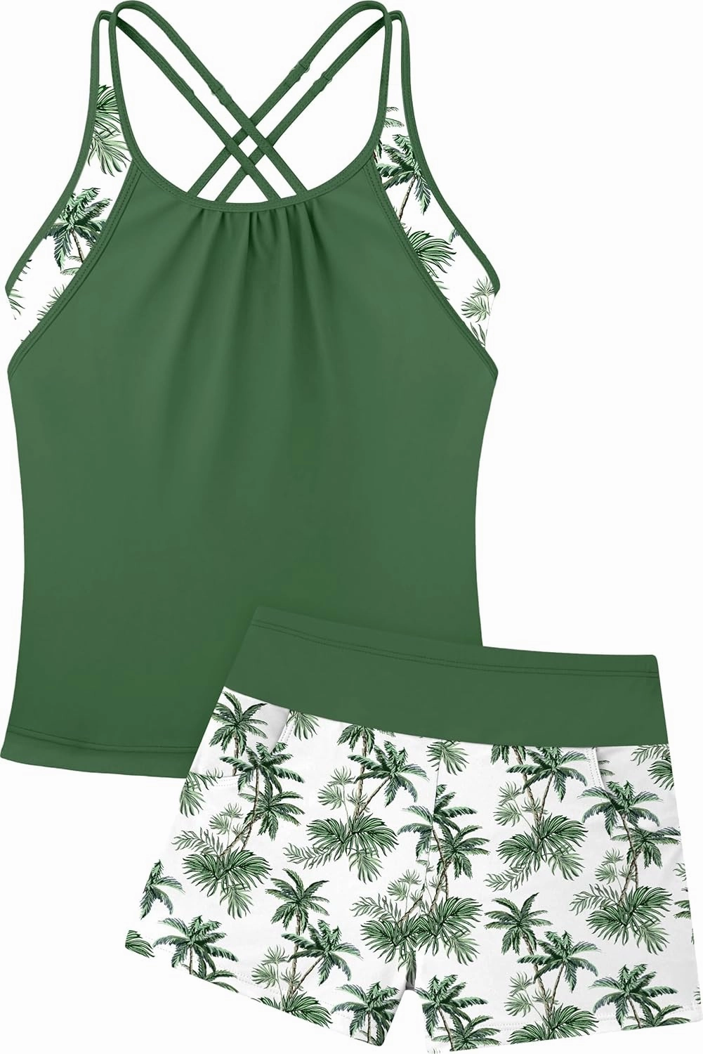 Girls Tankini Swimsuit Cross Straps Back Two Piece Bathing Suits with Pockets Shorts Swimwear Set 5-14 Years