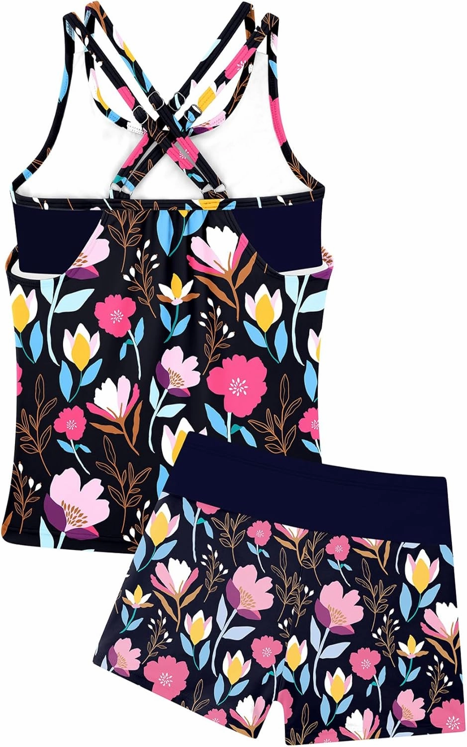 Girls Tankini Swimsuit Cross Straps Back Two Piece Bathing Suits with Pockets Shorts Swimwear Set 5-14 Years