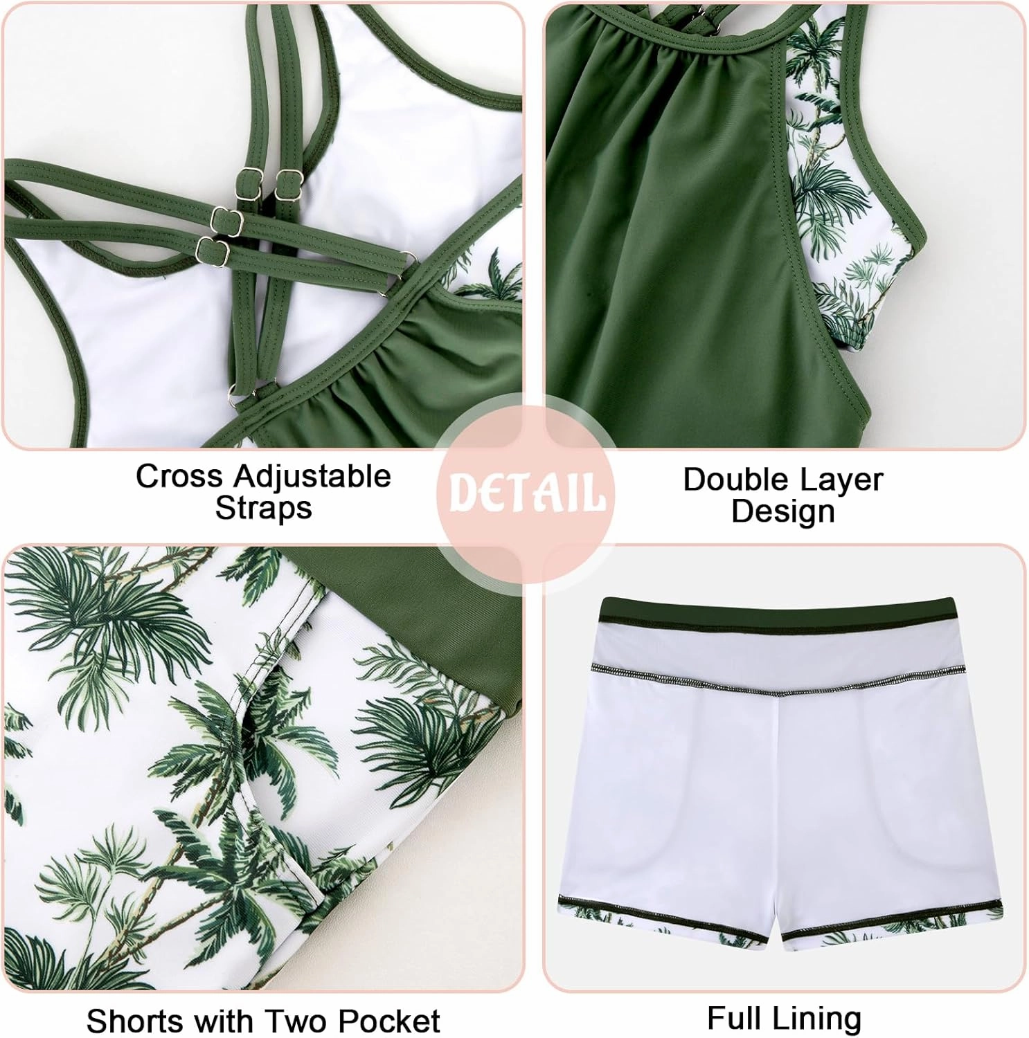 Girls Tankini Swimsuit Cross Straps Back Two Piece Bathing Suits with Pockets Shorts Swimwear Set 5-14 Years
