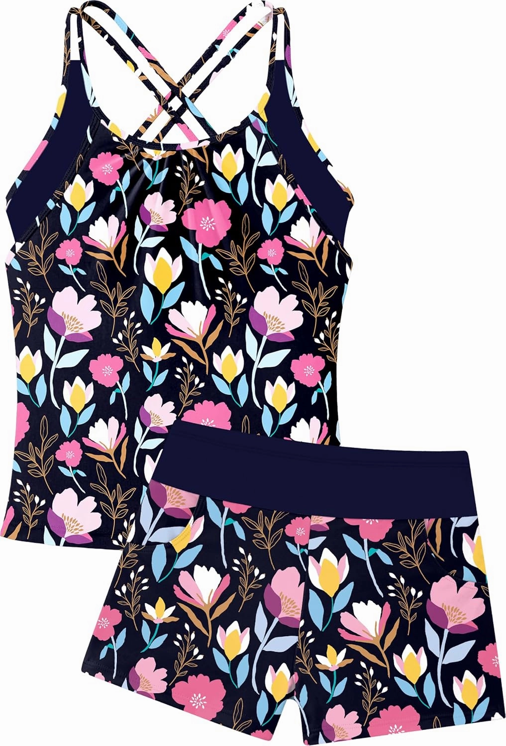 Girls Tankini Swimsuit Cross Straps Back Two Piece Bathing Suits with Pockets Shorts Swimwear Set 5-14 Years