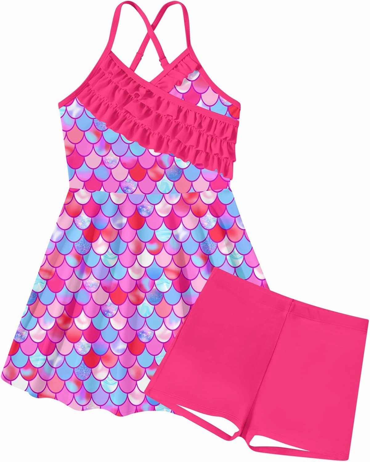 Girls Tankini Swimsuits Set Size 7-12Y Two Piece Bathing Suits with Shorts Adjustable Cross Strap Swimwear