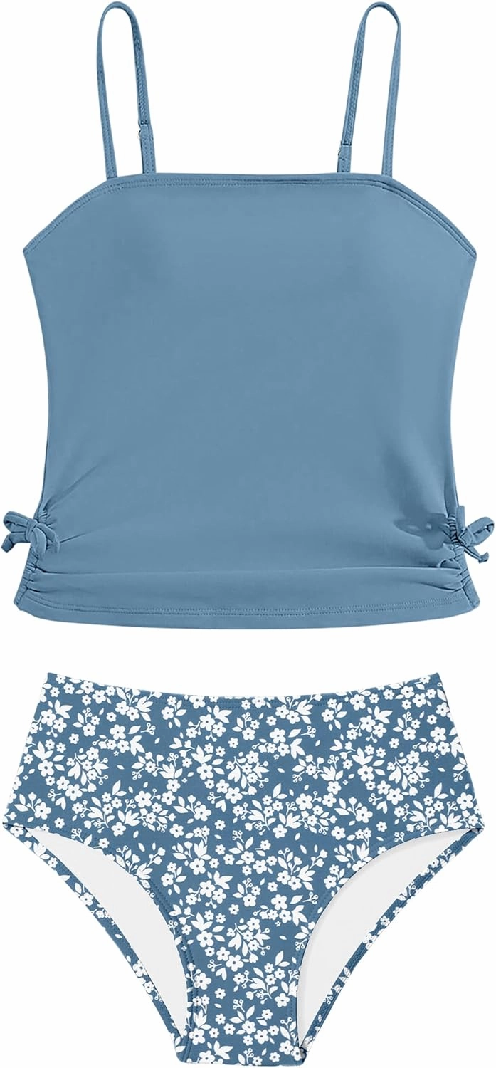 Girls Tankini Swimsuits Two Piece Bathing Suit Drawstring Swimwear Set for Girls 7-14 Years
