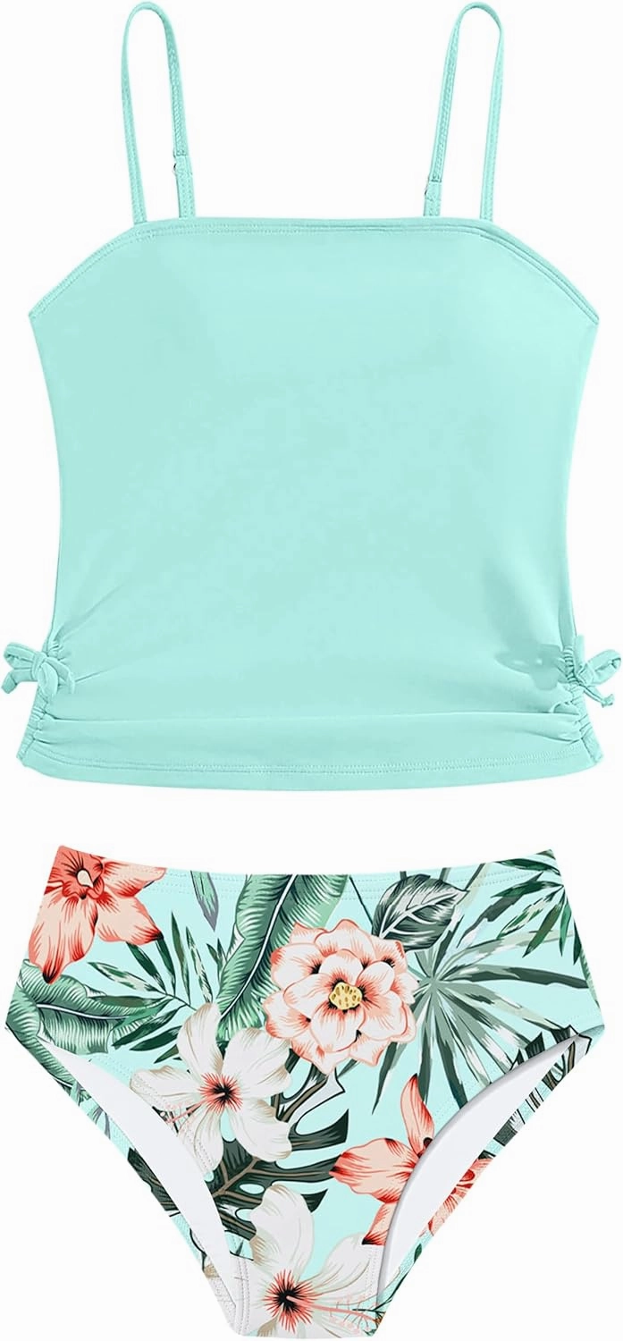 Girls Tankini Swimsuits Two Piece Bathing Suit Drawstring Swimwear Set for Girls 7-14 Years