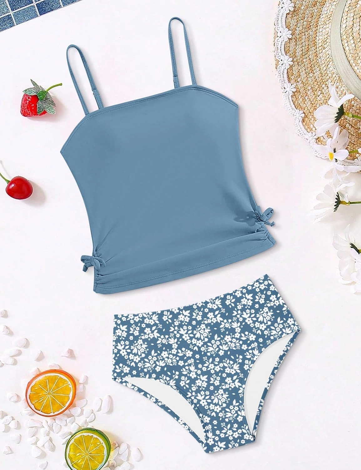 Girls Tankini Swimsuits Two Piece Bathing Suit Drawstring Swimwear Set for Girls 7-14 Years