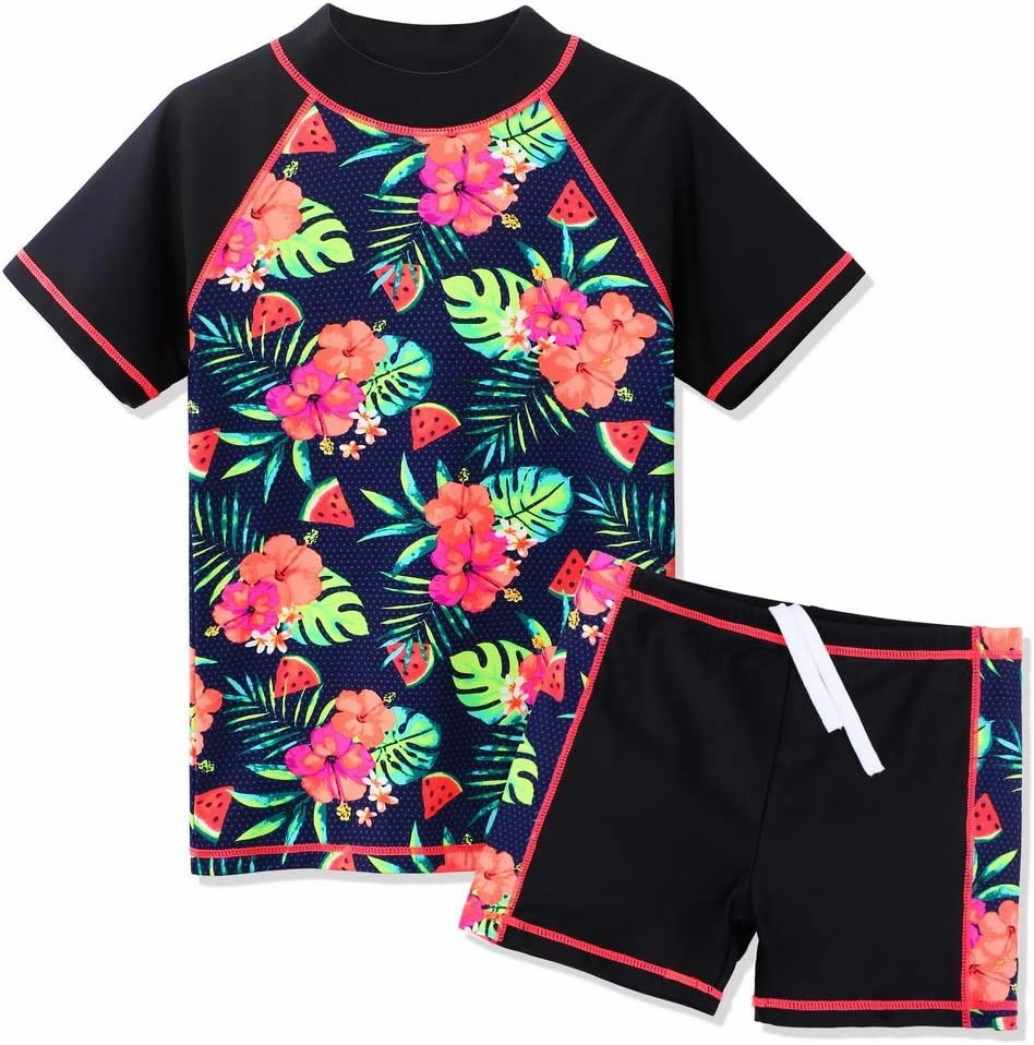 Girls Two Piece Swimsuit Floral UPF 50  Rash Guard Set Kids Beach Swimwear