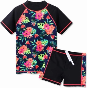 Girls Two Piece Swimsuit Floral UPF 50  Rash Guard Set Kids Beach Swimwear