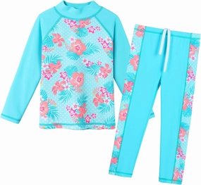 Girls Two Piece Swimsuit Long Sleeve Floral Bathing Suit UPF 50  Summer Beach Swimwear