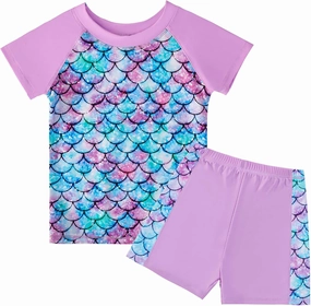 Girls Two Piece Swimsuits Bathing Suits for Little Girl Rash Guard Short Sleeve Beach Swimwear Set for Kid 4-12 Years