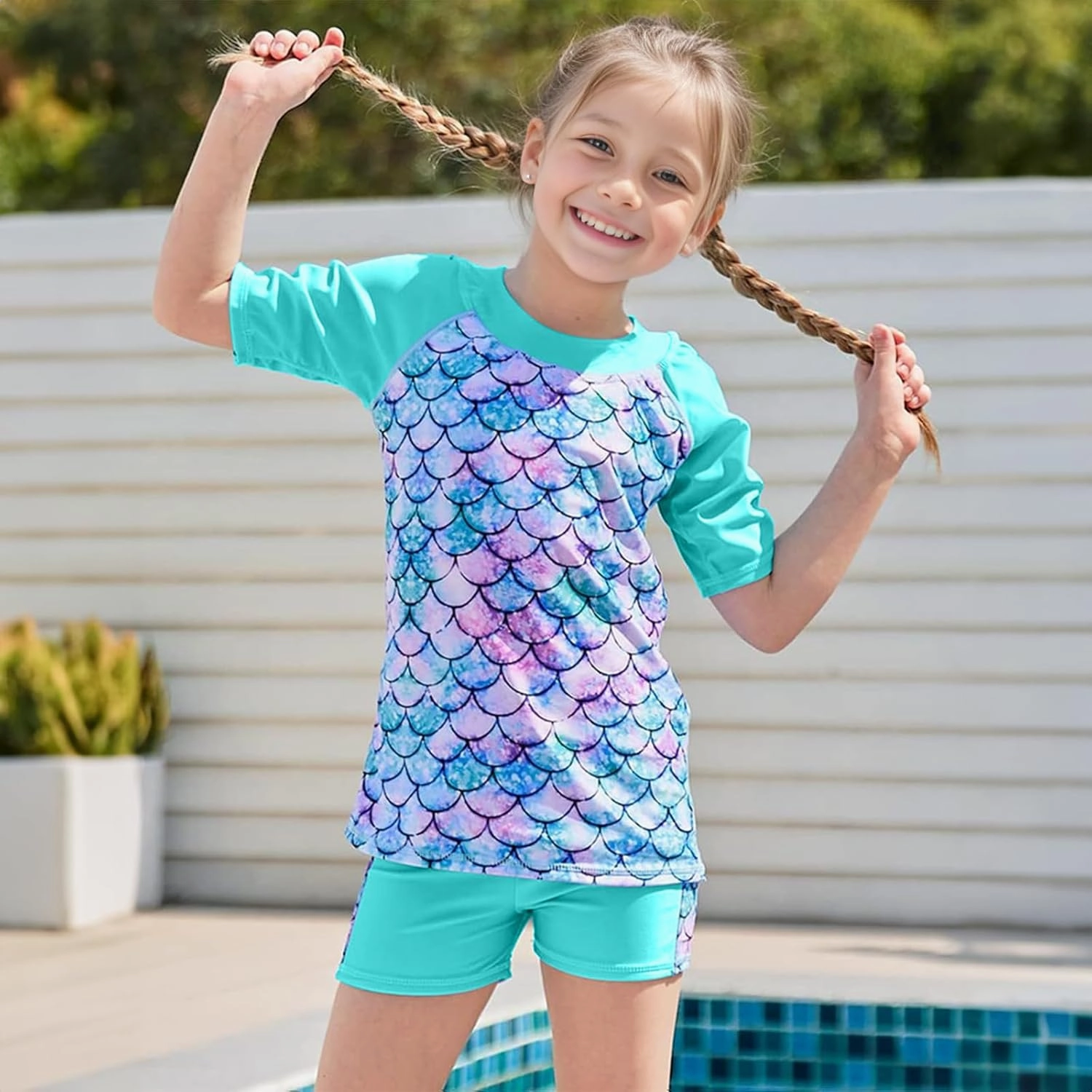 Girls Two Piece Swimsuits Bathing Suits for Little Girl Rash Guard Short Sleeve Beach Swimwear Set for Kid 4-12 Years