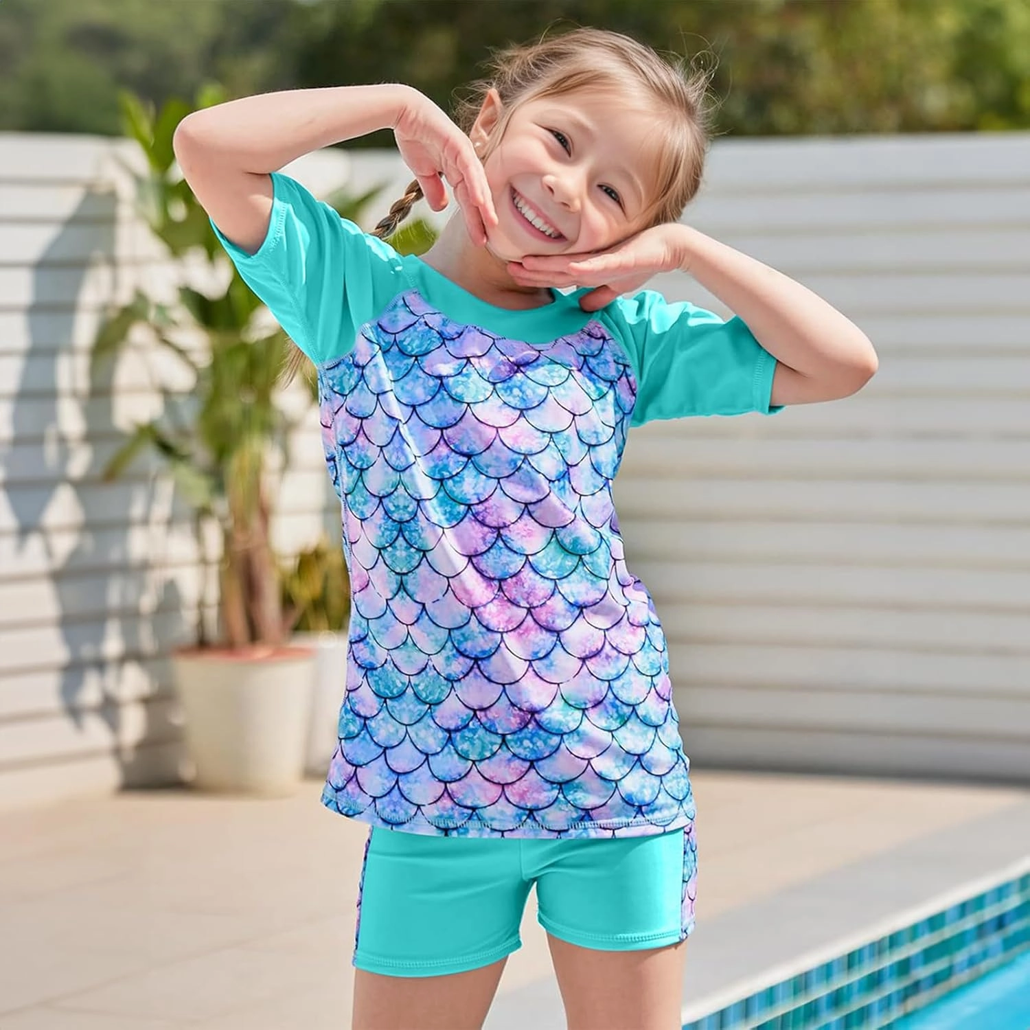 Girls Two Piece Swimsuits Bathing Suits for Little Girl Rash Guard Short Sleeve Beach Swimwear Set for Kid 4-12 Years