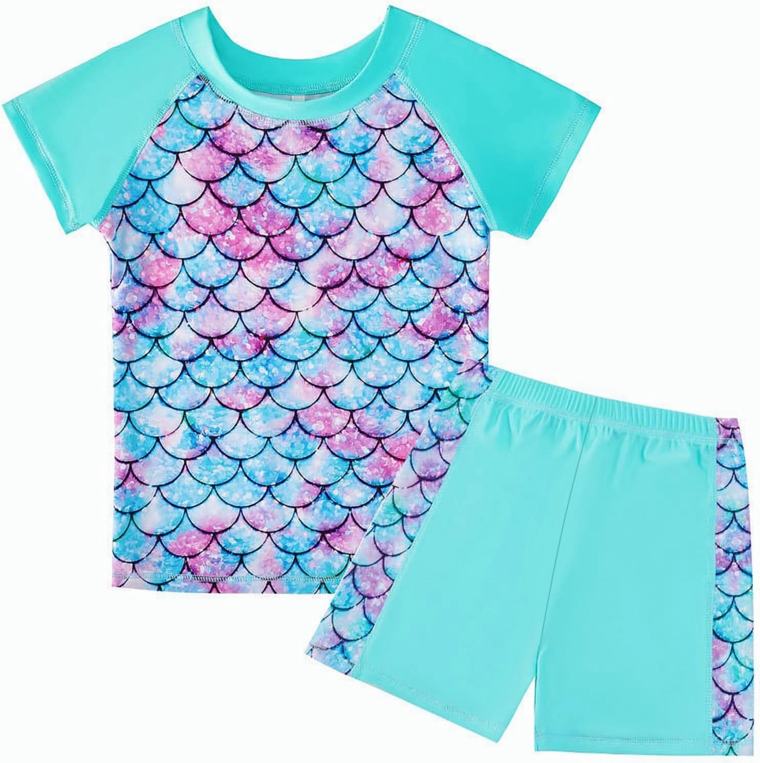 Girls Two Piece Swimsuits Bathing Suits for Little Girl Rash Guard Short Sleeve Beach Swimwear Set for Kid 4-12 Years