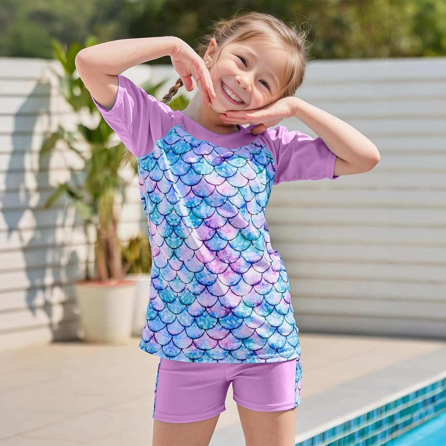 Girls Two Piece Swimsuits Bathing Suits for Little Girl Rash Guard Short Sleeve Beach Swimwear Set for Kid 4-12 Years