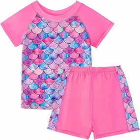 Girls Two Piece Swimsuits Bathing Suits for Little Girl Rash Guard Short Sleeve Beach Swimwear Set for Kid 4-12 Years